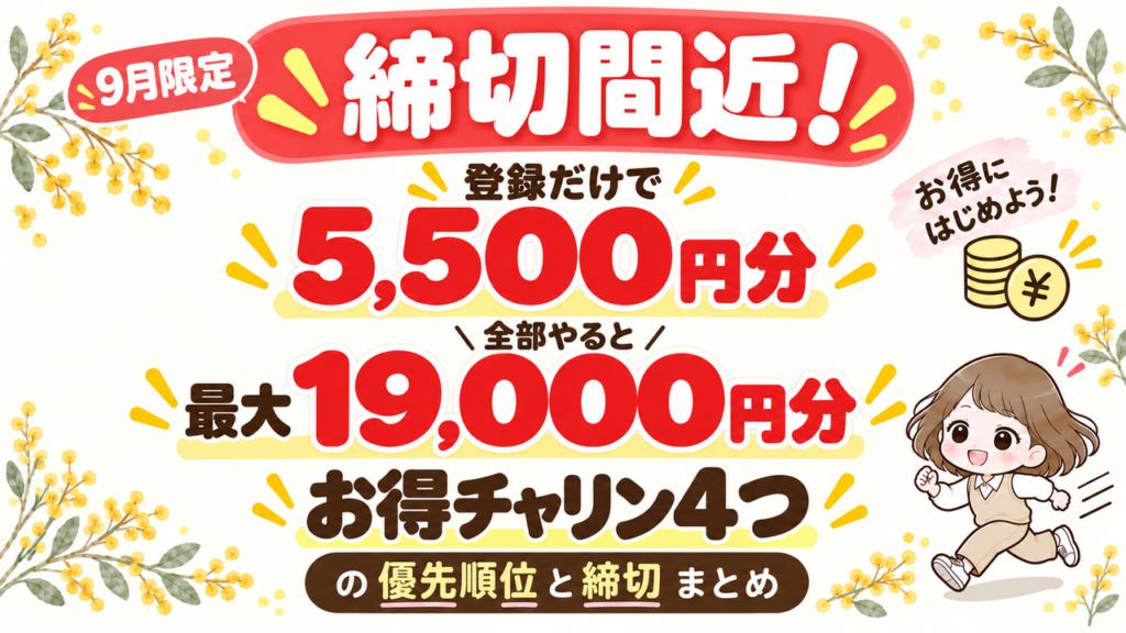 9月限定 締切間近！登録だけで5,500円分・全部やると最大19,000円分 お得チャリン4つの優先順位と締切まとめ