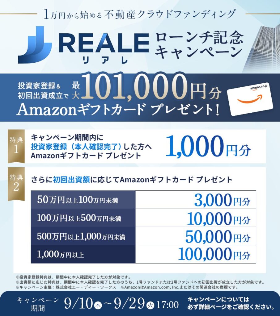リアレ(REALE)ローンチ記念キャンペーン 特典1 投資家登録(本人確認完了)で1,000円分のAmazonギフトカード 9/10〜9/29 17:00